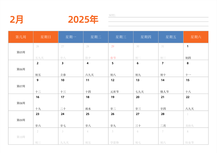2025年日历台历 中文版 横向排版 带周数 周日开始